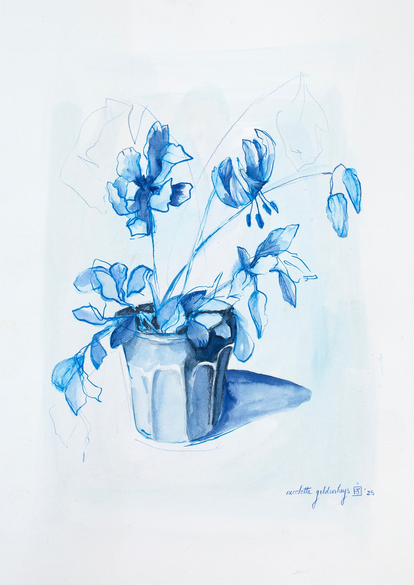 "Blue water colour still life with glass"