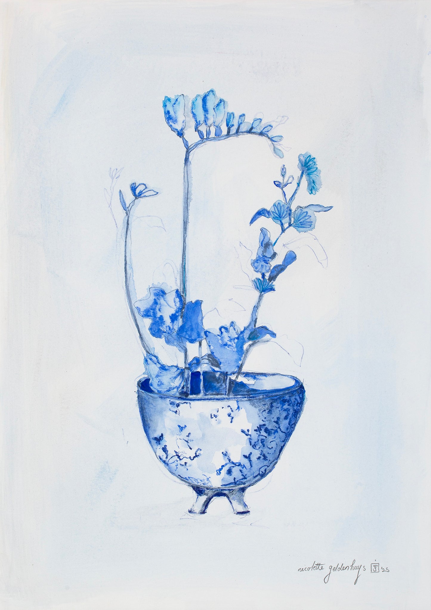 "Blue water colour with freesia"