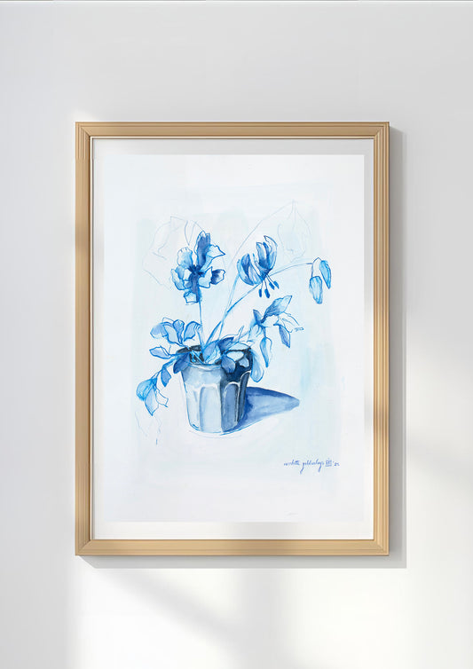 "Blue water colour still life with glass"